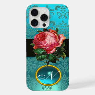 BEAUTIFUL PINK ROSE BLUE TEAL DAMASK GEM MONOGRAM iPhone 15 PRO MAX CASE