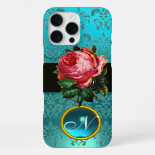 BEAUTIFUL PINK ROSE BLUE TEAL DAMASK GEM MONOGRAM iPhone 16 PRO MAX CASE