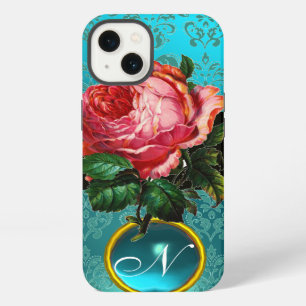 BEAUTIFUL PINK ROSE BLUE TEAL DAMASK GEM MONOGRAM iPhone 13 CASE