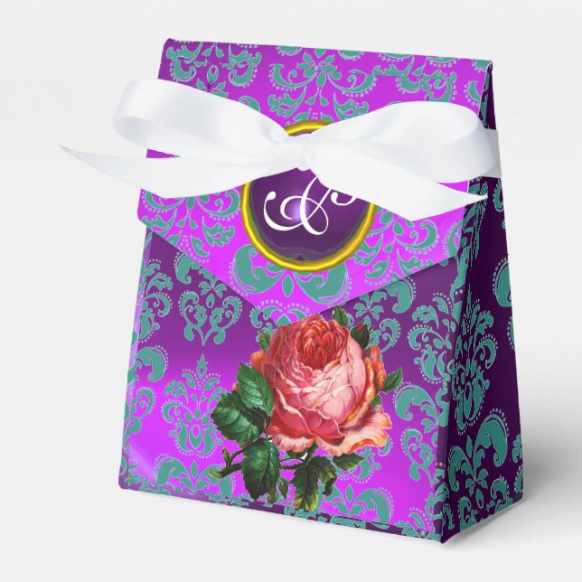 BEAUTIFUL PINK ROSE DAMASK PURPLE GEM MONOGRAM FAVOUR BOX (Front Side)