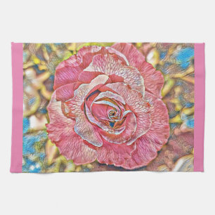 Beautiful pink rose flower painting tea towel