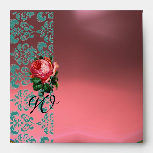 BEAUTIFUL PINK ROSE GOLD AQUA BLUE TEAL DAMASK ENVELOPE (Front)