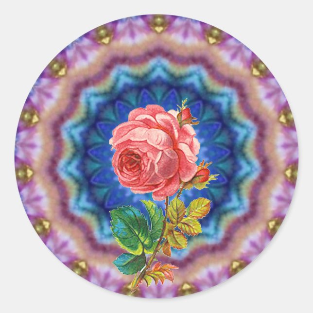 BEAUTIFUL PINK ROSE IN PSYCHEDELIC CIRCLES CLASSIC ROUND STICKER (Front)