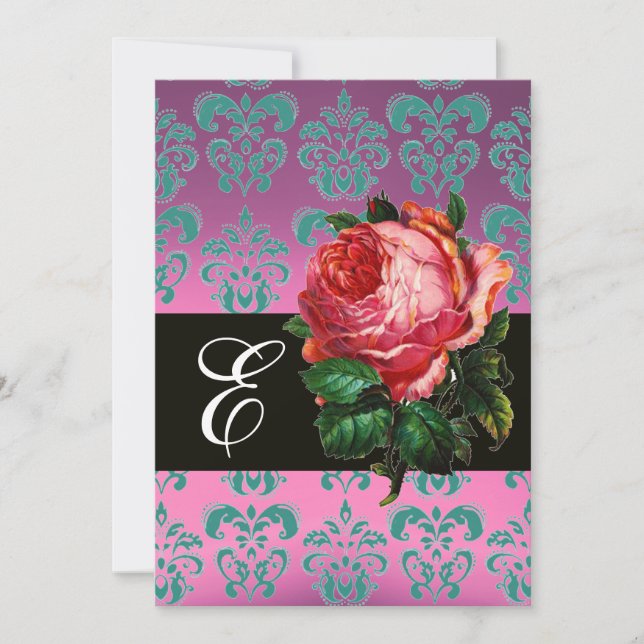 BEAUTIFUL PINK ROSE  LILAC BLUE DAMASK MONOGRAM INVITATION (Front)