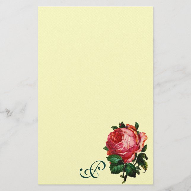 BEAUTIFUL  PINK ROSE  MONOGRAM ,Cream Stationery (Front)