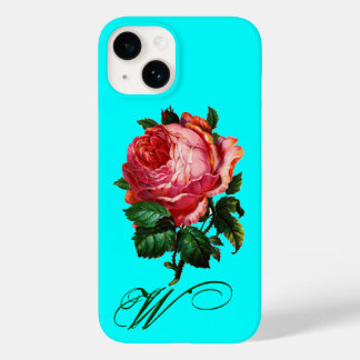 BEAUTIFUL PINK ROSE MONOGRAM,Teal Aqua Blue Case-Mate iPhone 14 Case