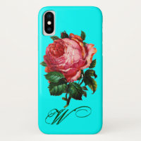 BEAUTIFUL PINK ROSE MONOGRAM,Teal Aqua Blue