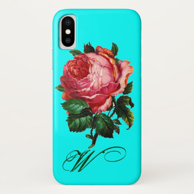 BEAUTIFUL PINK ROSE MONOGRAM,Teal Aqua Blue Case-Mate iPhone Case (Back)