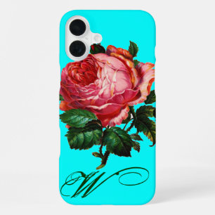 BEAUTIFUL PINK ROSE MONOGRAM,Teal Aqua Blue iPhone 16 Plus Case