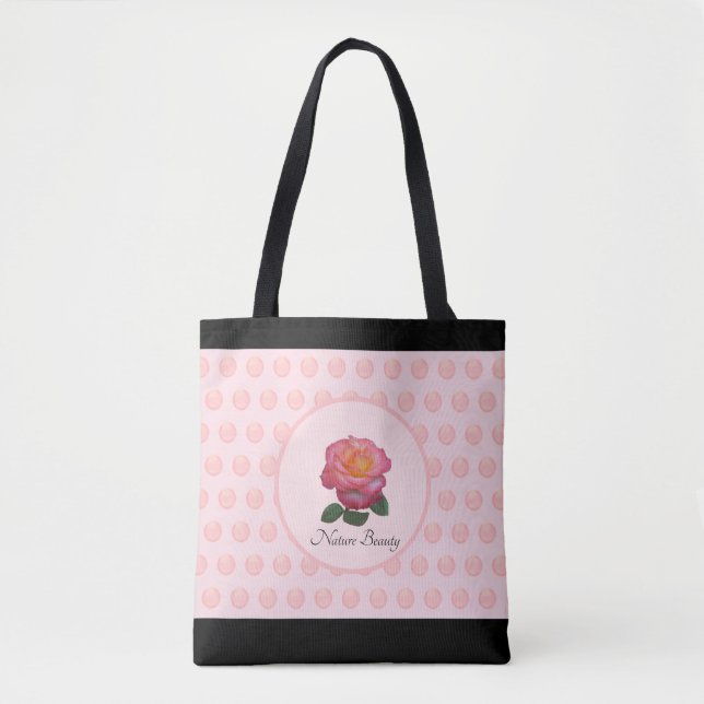 Beautiful Pink Rose & Polka Dots Tote Bag (Front)