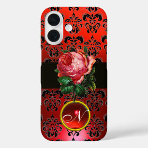 BEAUTIFUL PINK ROSE RED BLACK DAMASK RUBY MONOGRAM iPhone 16 CASE
