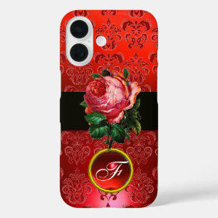 BEAUTIFUL PINK ROSE RED BLACK DAMASK RUBY MONOGRAM iPhone 16 CASE