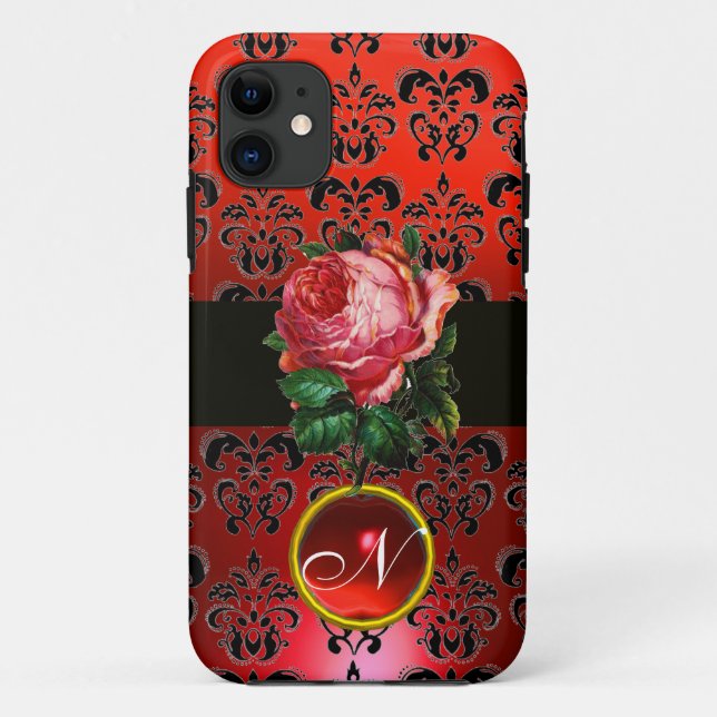 BEAUTIFUL PINK ROSE RED BLACK DAMASK RUBY MONOGRAM Case-Mate iPhone CASE (Back)