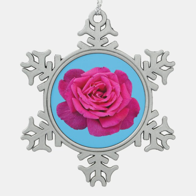 Beautiful pink rose snowflake pewter christmas ornament (Front)