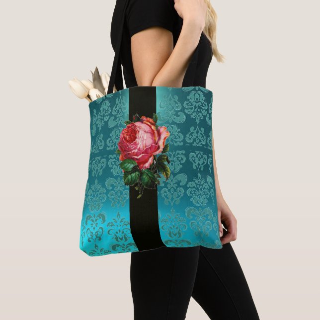 BEAUTIFUL PINK ROSE TEAL AQUA BLUE BLACK DAMASK TOTE BAG (Close Up)
