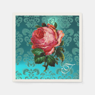 BEAUTIFUL PINK ROSE,TEAL BLUE DAMASK MONOGRAM NAPKIN