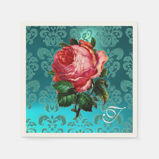 BEAUTIFUL PINK ROSE,TEAL BLUE DAMASK MONOGRAM NAPKIN (Front)