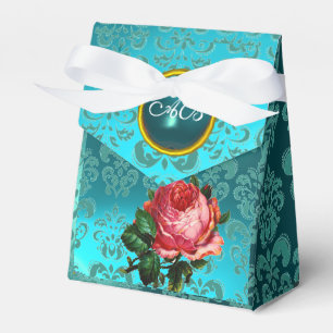 BEAUTIFUL PINK ROSE,TEAL DAMASK BLUE GEM MONOGRAM FAVOUR BOX