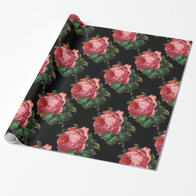 BEAUTIFUL PINK ROSES ,Black Wrapping Paper (Unrolled)
