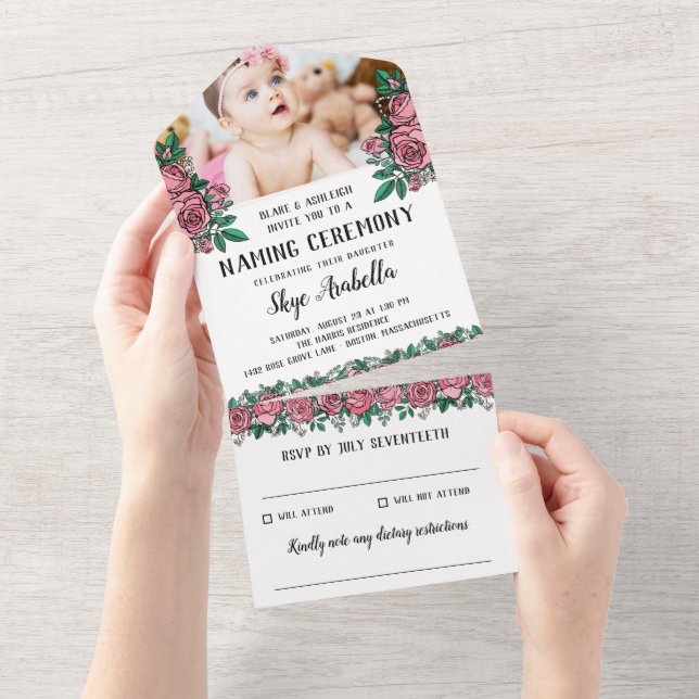 Beautiful Pink Roses Floral Photo Naming Ceremony All In One Invitation (Tearaway)