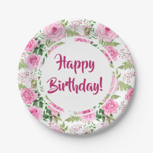 Beautiful Pink Roses Happy Birthday Paper Plate