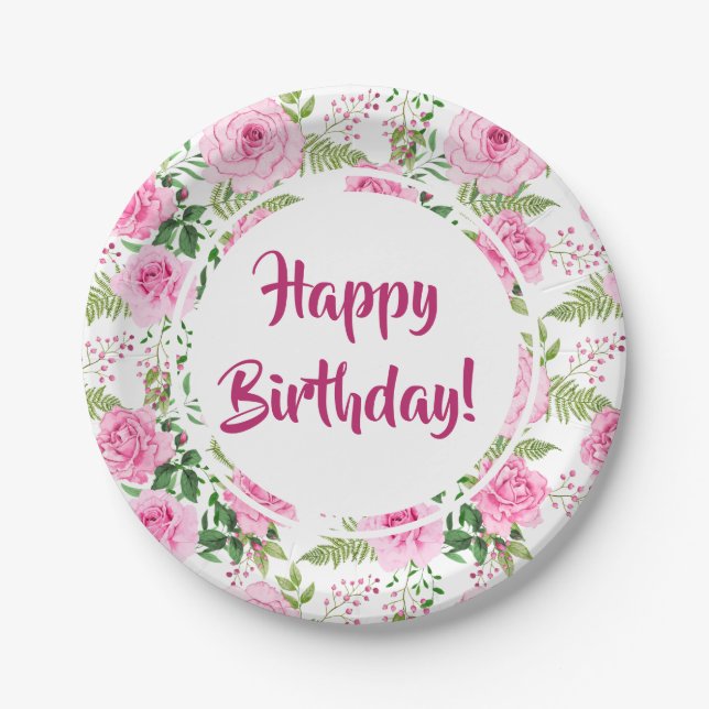 Beautiful Pink Roses Happy Birthday Paper Plate (Front)