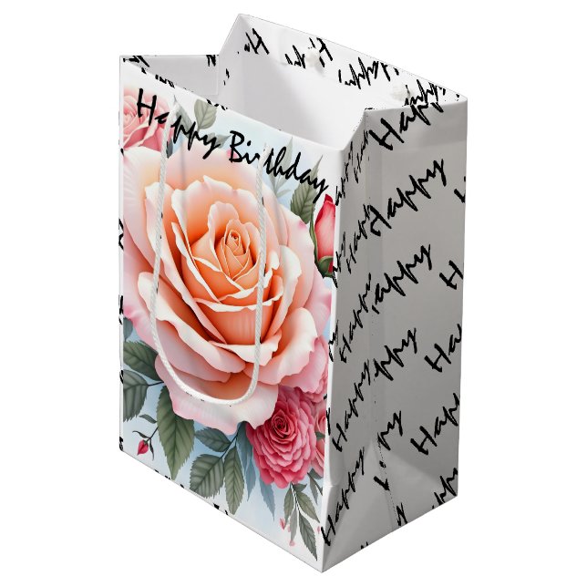 Beautiful Pink Roses Luxury Modern Collection Medium Gift Bag (Front Angled)