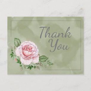 Beautiful Pink Roses on Green Watercolor Thank You Postcard