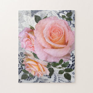 Beautiful Pink Roses on Lace Background Jigsaw Puzzle