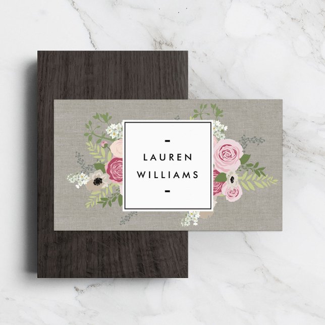 Beautiful Pink Roses on Linen Modern Elegance Business Card (Creator Uploaded)