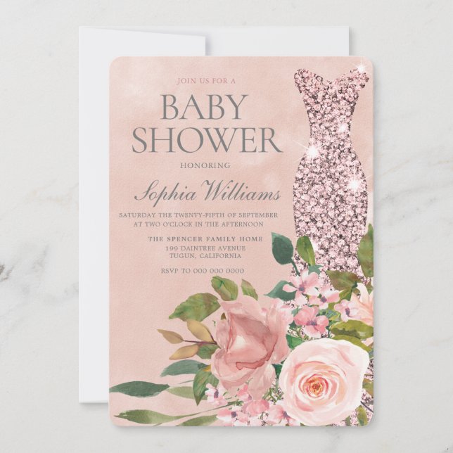 Beautiful Pink Sparkle Dress Rose Gold Baby Shower Invitation (Front)