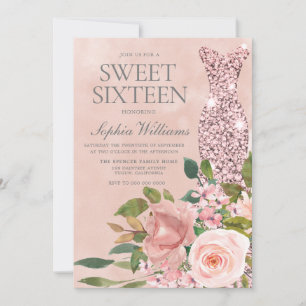 Beautiful Pink Sparkle Dress Rose Gold Sweet 16 Invitation