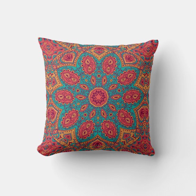 Beautiful Pink Teal Orange Zen Pattern Cushion (Front)
