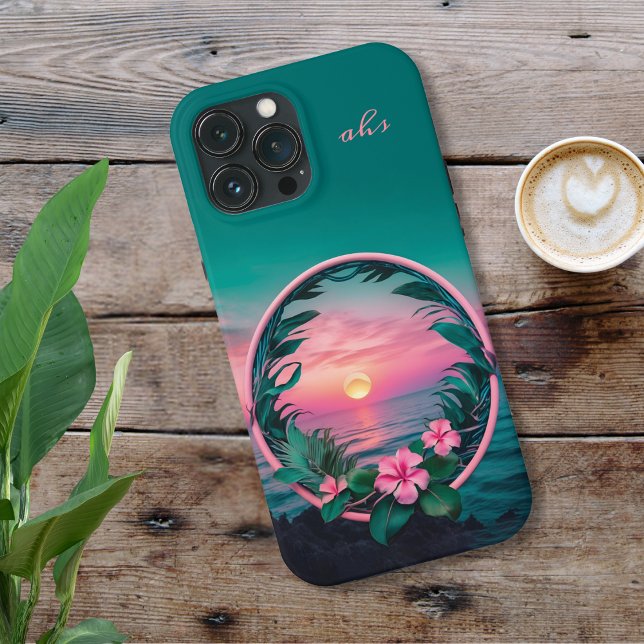 Beautiful Pink-Teal Tropical Flower Sunset Wreath Case-Mate iPhone Case (Creator Uploaded)