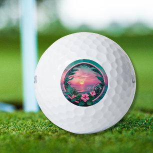 Beautiful Pink-Teal Tropical Flower Sunset Wreath Golf Balls