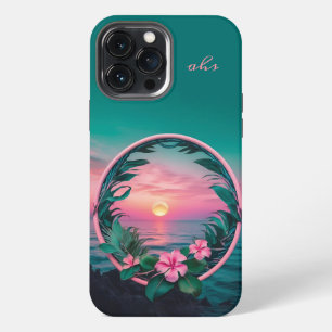 Beautiful Pink-Teal Tropical Flower Sunset Wreath iPhone 13 Pro Max Case