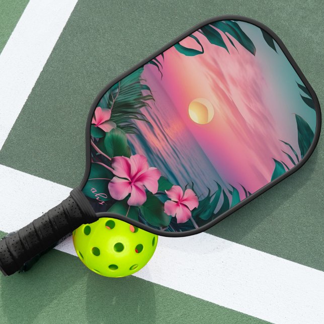Beautiful Pink-Teal Tropical Flower Sunset Wreath Pickleball Paddle (Creator Uploaded)