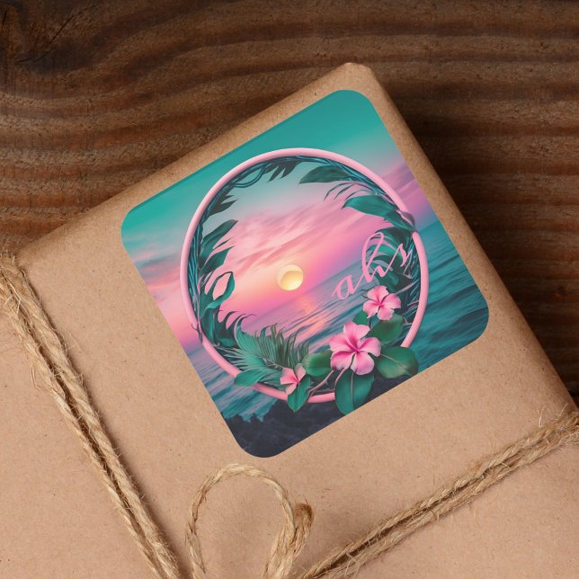 Beautiful Pink-Teal Tropical Flower Sunset Wreath Square Sticker (Creator Uploaded)