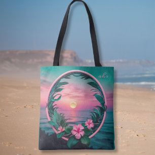 Beautiful Pink-Teal Tropical Flower Sunset Wreath Tote Bag