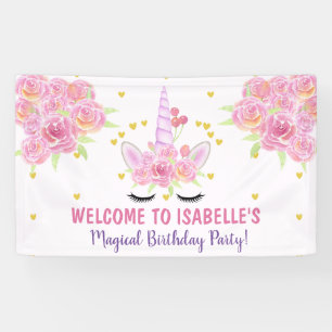 Beautiful Pink Unicorn Watercolor Florals Birthday Banner