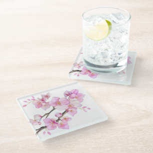 Beautiful pink watercolor cherry blossoms  glass coaster