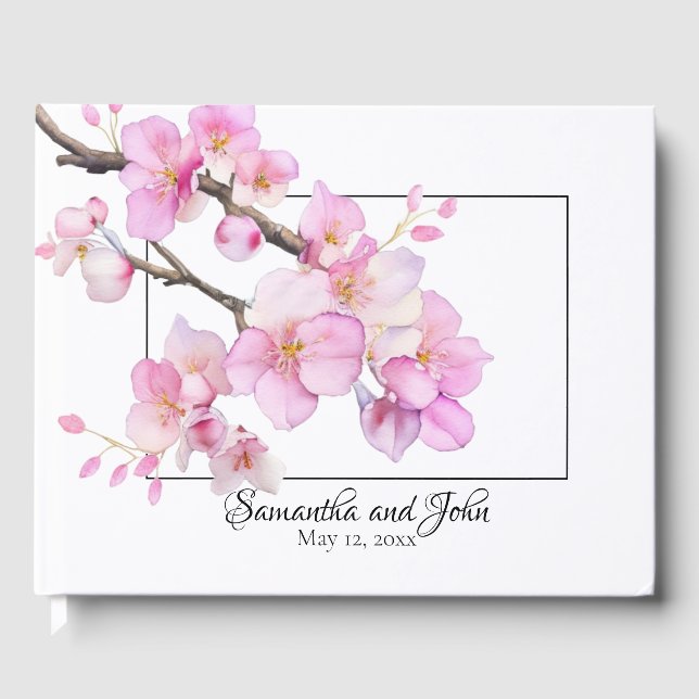 Beautiful pink watercolor cherry blossoms  guest book (Front)