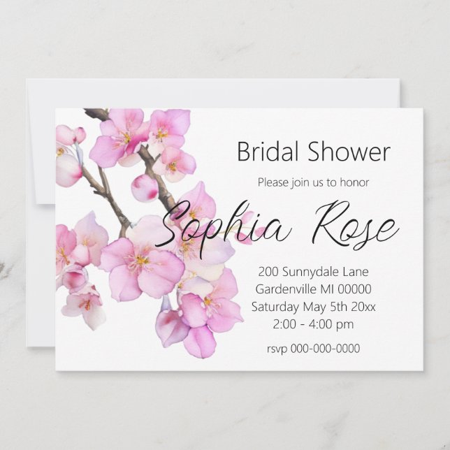 Beautiful pink watercolor cherry blossoms  invitation (Front)