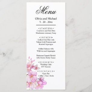 Beautiful pink watercolor cherry blossoms wedding menu