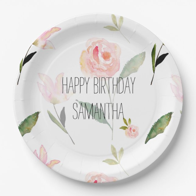 Beautiful Pink Watercolor Floral Paper Plate (Front)