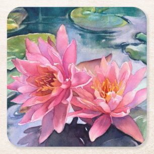 Beautiful Pink Watercolor Flowers Fine Art Square Paper Coaster
