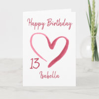 Beautiful Pink Watercolor Heart 13th Birthday