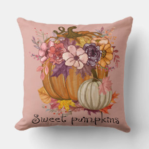 Beautiful Pink Watercolor Pumpkin and Fall Flowers Cushion
