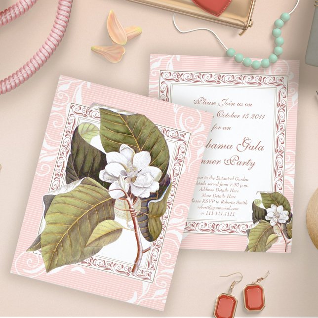 Beautiful Pink White Magnolia Formal Dinner Party Invitation (Creator Uploaded)