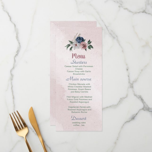 Beautiful pink white navy blue flower greenery menu (Front/Back In Situ)